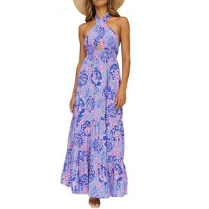 Floral Crossover Halter Neck Sleeveless Backless Maxi Dress Size Large